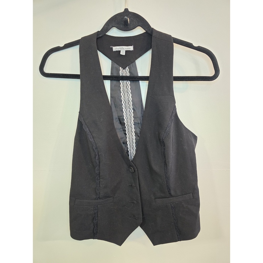 Charlotte Russe Black Vest w/ Lace Detail Women's Medium Dark Academia